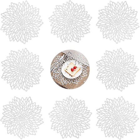 Rund Utskuren Bordstablett, 8-pack Bordstabletter Bordsunderlägg för Matsal Köksbord (Silver, 38cm)