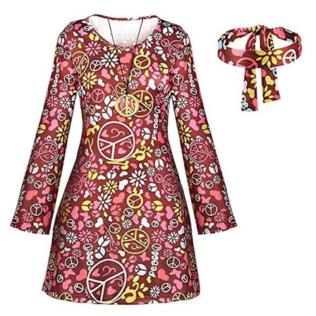 70s and 80s Hippie Costume Set for Women, Disco Outfit, Headband, Dress, Cosplay Party, Gifts Brown-FA9-