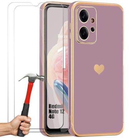 Fodral till Xiaomi Redmi Note 12 4G (inte för Note 12 5G), lila, stötsäker silikon med guldmönster + 2 härdade glasögon