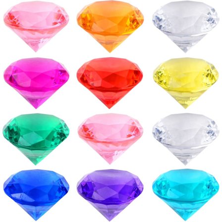 Akryl diamant ædelsten til børn, farverig, 12 stykker, 40 mm store plastik diamanter dekoration, akryl diamanter transparente diamantkrystaller