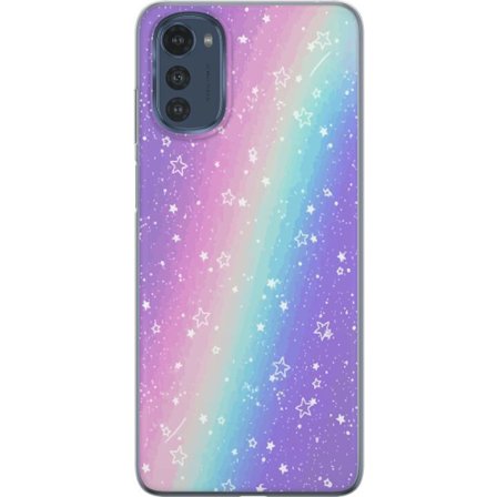 Kompatibelt Mobildeksel til Motorola Moto E32s Rainbow-farget pastellbakgrunn med hvite stjerner og gnistrende prikker i myk overgang