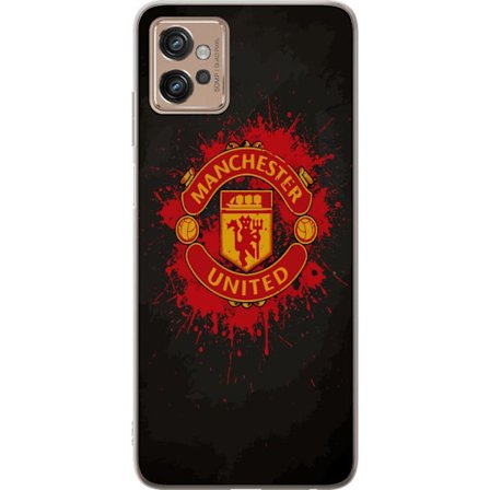 Kompatibelt Mobildeksel til Motorola Motorola Moto G32 Manchester United logo i rød og gul farge med røff sportslig bakgrunn