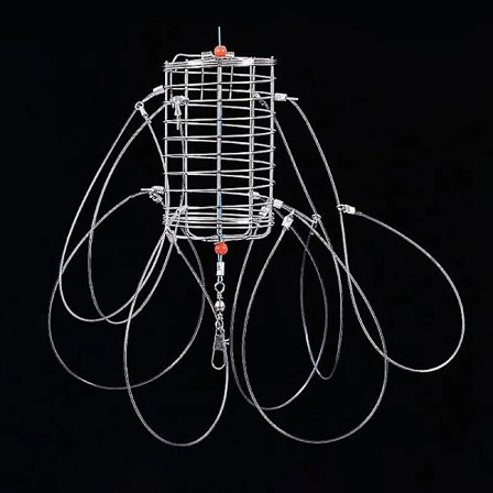 En krabbeteine med flere kroker; en gjenbrukbar agnfelle egnet for utendørs krabbe-, reke- og hummerfiske.