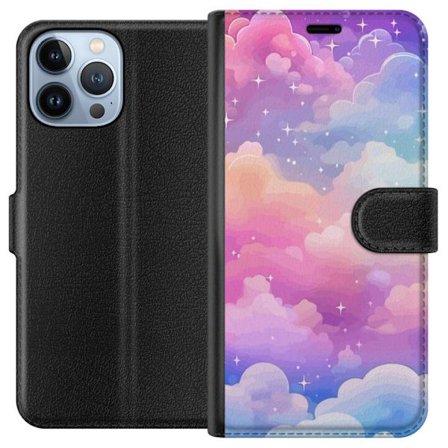 Kompatibelt Lommeboketui til Apple iPhone 13 Pro Max Søt enhjørning med regnbuefarget hår mot en stjernebelagt pastellbakgrunn i kawaii-stil