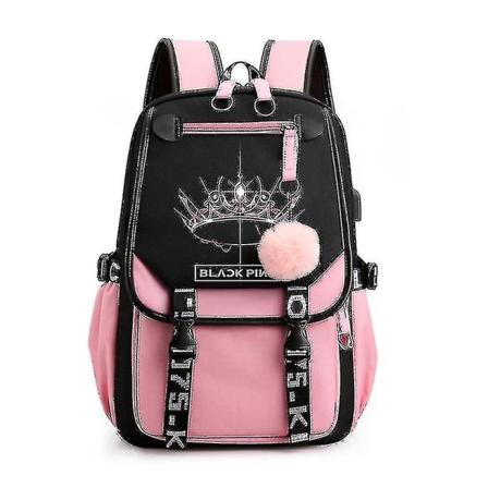 Musta Blackpink-reppu, kannettava tietokoneen laukku, koululaukku, kirjalaatikko, jossa kuulokeliitäntä, USB-lataus&