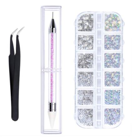 Kynsien koristelu kirkas kristallitimanttitriosetti (vaaleanpunainen) poimintatyökalulla