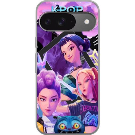 Yhteensopiva Puhelinkuori Google Google Pixel 9 K-Pop Demon Hunters anime-inspiroima juliste, jossa kolme sankaritar, futuristinen kaupunki ja violeti