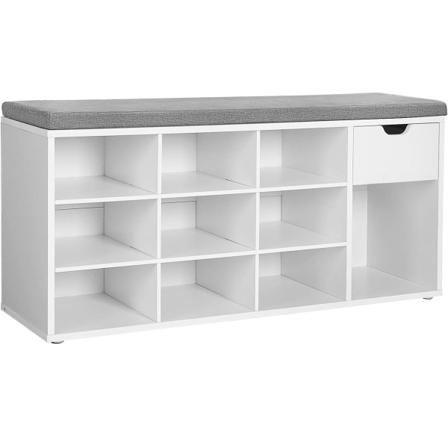 VASAGLE-kenk teline, s ilytyspenkki 10 avoimella ja 1 suljetulla lokeroilla, pehmustettu, valkoinen ja harmaa