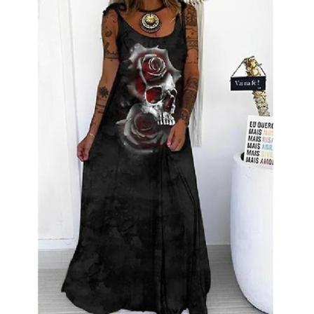 Kvinners uformelle ermeløs maxikjole hodeskalle trykt løs kjole Halloween festslynge lang kjole style 1 3XL