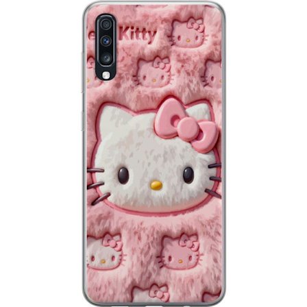 Kompatibelt Mobildeksel til Samsung Galaxy A70 Hello Kitty rosa fluffy bakgrunn med ikoniskt ansikt og kawaii-estetikk