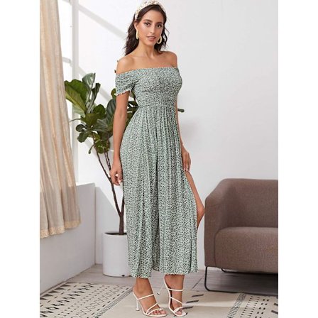 Kvinders Boho Blomsterprint Off Shoulder Split Lang A-Linje Kjole(L GRØN)