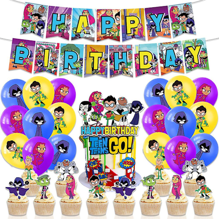 Teen Titans Go Tema Barn Lykkelig Bursdagsfest Dekorasjonstilbehør Banner Cupcake Toppers Ballonger Sett Rekvisitter