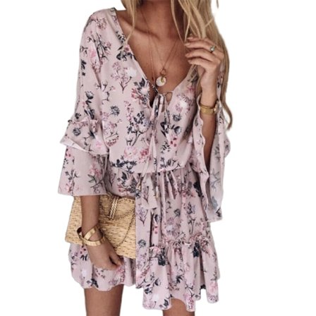 Dam Boho Miniklänning Blommig Sommarklänning Tunika Klänning Fritidsklänning Skaterklänning, Rosa, XL