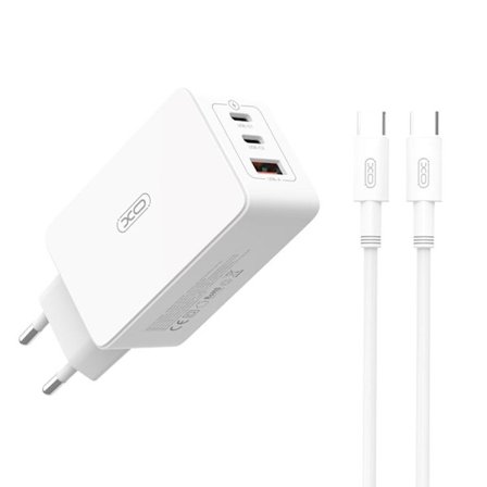 XO Väggladdare USB/2x USB-C 65W med USB-C/USB-C Kabel PD QC 3A