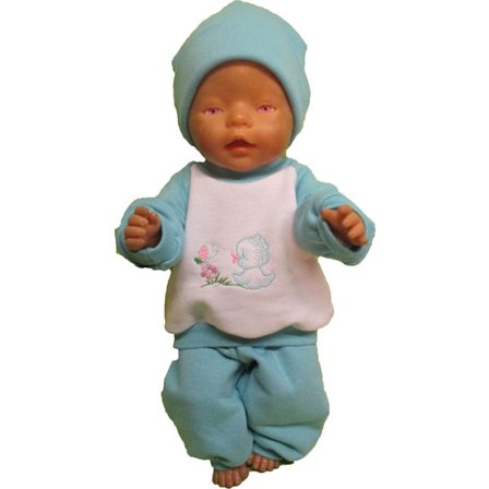 Turkos/vit joggingset med fågel till Baby Born, dockkläder.
