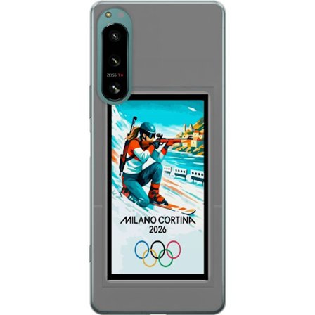 Kompatibelt Mobildeksel til Sony Xperia 5 IV Retroplakat Cortina Milano 2026 med fjell, vintersportsutøvere, italienske trikolor, Milano-katedralen og