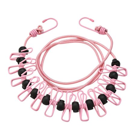 Justerbar Uttrekkbar Klessnor Vindtett Tau med 12 Klyper, Strekk Klessnorer Elastiske Klessnorer Reisevaskesnor Rosa