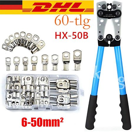 60x batterikabelsko sortiment 6-50mm² krympeverktøy rørformede kabelsko tangsett