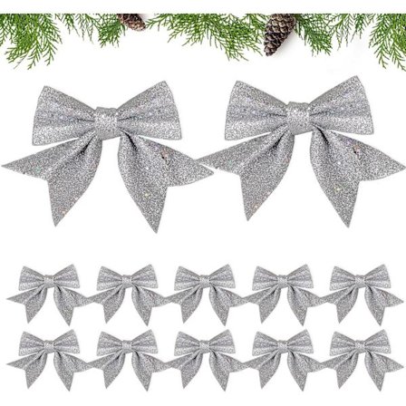 12 stk. store sølvsløyfer til juletrepynt, glitter dekorative sløyfer (sølv, 12 cm * 15 cm)