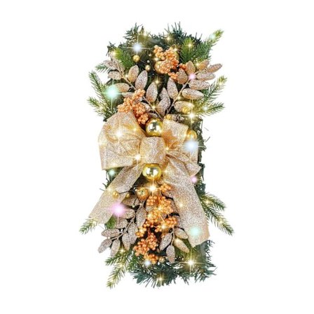 Julekrans med Lys, Kunstige Blader og Bær, Forhåndsbelyst Julekrans for Utendørs, Batteridrevet, for Dør (Gull)—yux