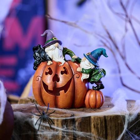 Halloween-dekorasjoner med LED-lys, gresskar med gresskarhode og magisk nisse, Halloween-dekorasjoner, festgaver innendørs og utendørs 15,5 cm