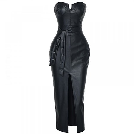Sexy Strapless Bodycon PU Lærkjole Kvinner Split Rivet Drop Draped Kjole Club Party Wear Dame(Svart L)