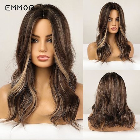 Emmor Syntetiske Kvinders Lange Bølgede Parykker Brun Med Blonde Parykker Naturlige Bølgede Varmebestandige Paryk Til Afro Kvinder Fest Mode Parykker(