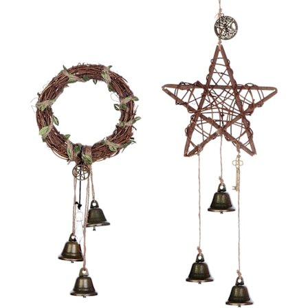 2 stk. heksebjeller dørhenger runde pentagram hekse rottingkrans bjeller håndlagde heksebjeller krans rotting vindklokke