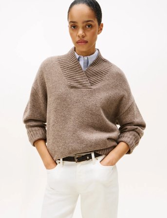 Tommy Hilfiger Marl Wool Blend Shawl-Nk Ls Swt - Beige - L/XL