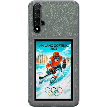 Kompatibel Mobilcover til Huawei nova 5T Curling illustration med spillere og sten på isen, Milano Cortina 2026, snedækkede stænk og olympiske ring