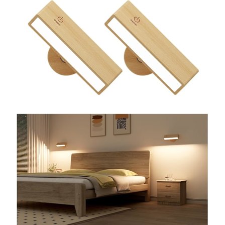 LED 2-pack Vägglampa inomhus Trä, USB Uppladdningsbar Trådlös Vägglampa, Justerbar Ljusstyrka Vägglampa