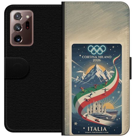 Yhteensopiva Lompakkokotelo Samsung Galaxy Note20 Ultra Mäkihyppykuvitus, jossa hiihtäjä tähtää kiväärillä lumisella radalla, teksti Milano Cortina 20