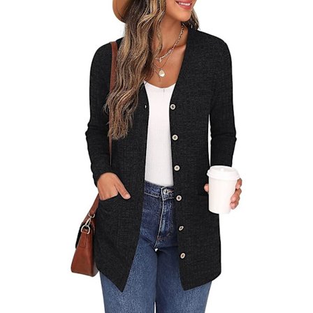 Dame Cardigan Langærmet Åben Front Cardigans Knap Ned V-Hals Ribstrikket