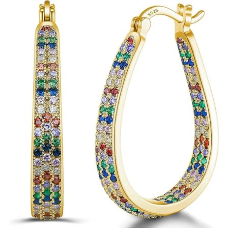 Silver Post Hoop Örhängen för Kvinnor Flickor Flera Färger Kubisk Zirkonia 14K Guldförgylld Oval Chunky Silver Gold Hoop Örhängen weinuo Smycken