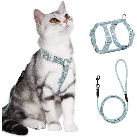 Kattesele med snor, justerbar sele snorsæt til kat killing lille kæledyr udendørs gåtur med hurtig spænde, blomsterdesign(Grøn,M)
