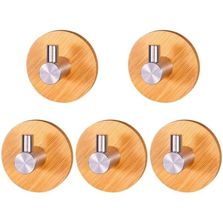 Håndkleholder i tre, 5 stk selvklebende kroker 304 rustfritt stål og bambus KLB