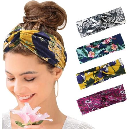 Sæt med 4 kvinders hårbånd Boho Floal Style Criss Cross Head Wrap Pandebånd Blomsterhovedbeklædning Yoga Hårbånd Stretch til kvinder (Sort Blå Gul 