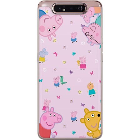 Kompatibel Mobilcover til Samsung Galaxy A80 Peppa Gris med en baby i armene, morgris motiv i farverig og blød børneillustration med hjerter