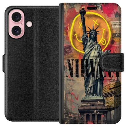 Kompatibelt Plånboksfodral till Apple Apple iPhone 16 Nirvana Frihetsgudinnan rockband grunge design med neonbakgrund