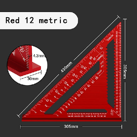 Träbearbetning Aluminiumlegering Triangelmätare Mätverktyg Hög Precision Markör Vinkel Linjal Metrisk och Imperial Red 12 Metric