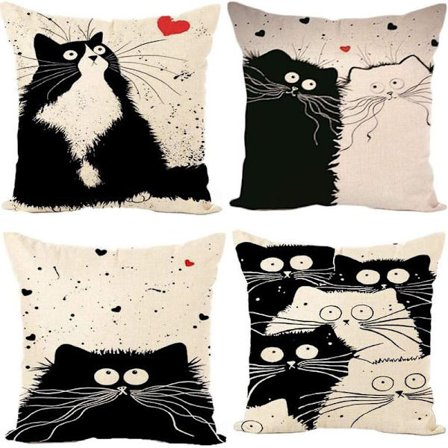 Tyynynpäällinen, 4 kpl:n setti - 45 x 45 cm puuvillaa ja pellavaa, painettu musta