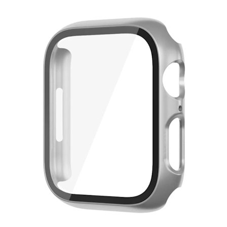 Kompatibel med Apple Watch Series 9/8/7/6/SE/5, 45 mm 44 mm 42 mm 41 mm 40 mm 38 mm, glasdæksel, lys sølv