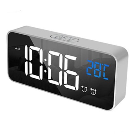LED-display digital vekkerklokke, USB-ladeport, lydkontroll, alarmsignaler, justerbart volum og lysstyrke, 12/24 timer, slumrefunksjon, soverom