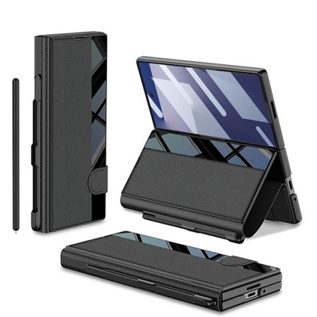 Etui til Samsung Z Fold 7, PC + PU læder flip stand med skærmfilm (Sort)