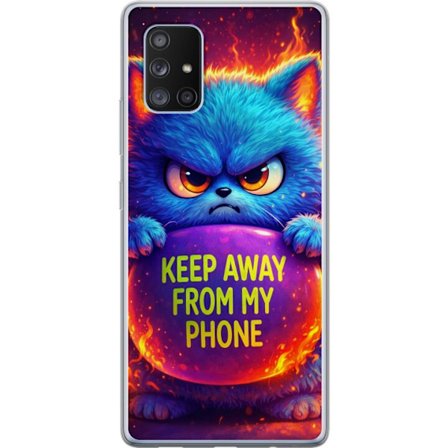 Kompatibel Mobilcover til Samsung Samsung Galaxy A71 5G Vred luvat blå kat med teksten "Hold dig væk fra min telefon" i neonfarver og ildlignende ef