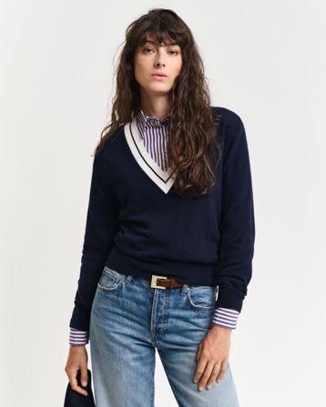 GANT Damen V-Neck Pullover mit Kontrasten (M)