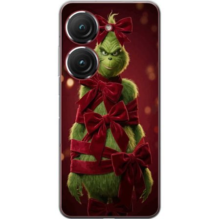 Yhteensopiva Puhelinkuori Asus Asus Zenfone 9 Grinchi-hahmo koristeltu punaisilla samettinauhoilla juhlavassa studiossa, leikkisällä ja humoristisel