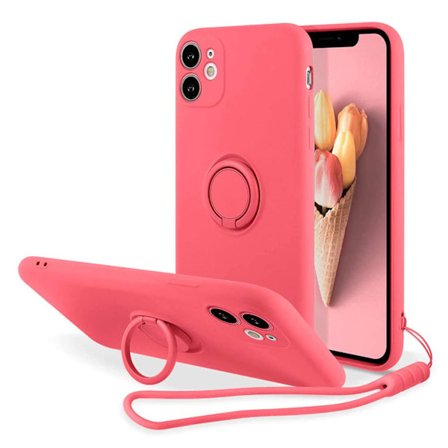 Kompatibel med iPhone 15 Cover, Flydende Silikone, med Ringholder, Aftagelig Håndledsrem, Magnetisk Bilholder, Stødsikker - Rose