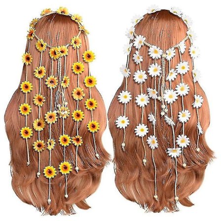 2 stk Blomst Hippie Hodebånd Blomsterkrans Sommer Solsikke Hårtilbehør For 70-talls Bohemian Kostymer Stil