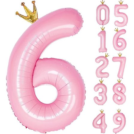 6 ballong med krona, stor ballong 101,60 cm, 6-årsdag festdekoration 6-årsdag logotypdekoration, rosa